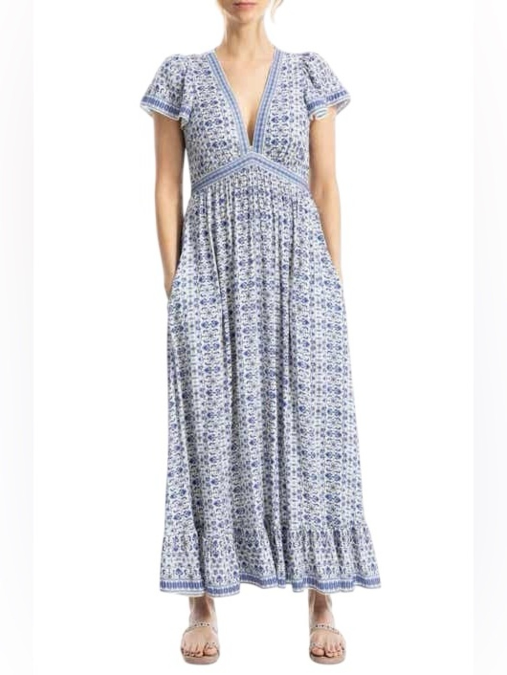 Max Studio Blue Floral Short Sleeve Maxi Dress with Pockets